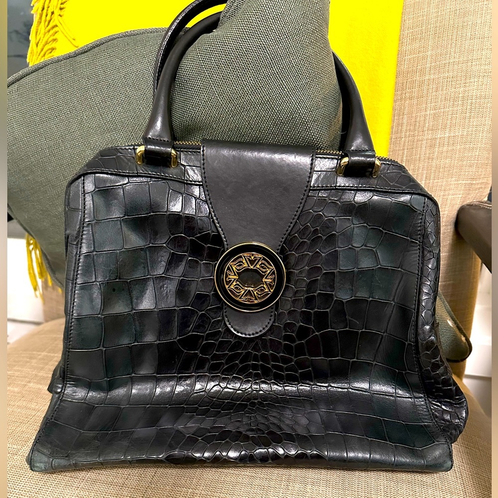 Carlo Pazolini Black Leather Satchel Purse Croc Design Made in Italy, medium